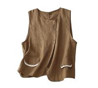 RWGSNB Women'S Cotton Linen Waistcoat Summer Sleeveless Short Suit Vest Crew Neck Gilet Fashion Contrast Three Buttons Blazer Jacket Vest Casual Blouse Tops Khaki Xxs