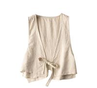 RWGSNB Womens Linen Waistcoat Cropped Sleeveless Suit Vest Fashion Lace Up Cardigan Gilet Solid Casual Loose Tanks V Neck Blazer Jacket Vest Beige M