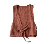 RWGSNB Womens Linen Waistcoat Cropped Sleeveless Suit Vest Fashion Lace Up Cardigan Gilet Solid Casual Loose Tanks V Neck Blazer Jacket Vest Burnt Orange L