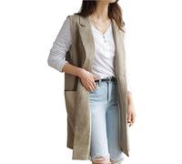 RWGSNB Womens Linen Waistcoat Sleeveless Long Coat Suit Vest Summer Light Jacket Blazer Vest Casual Duster Cardigan Gilet Double Pocket Tank Tops Khaki Xs