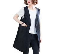 RWGSNB Womens Linen Waistcoat Sleeveless Long Jacket Suit Vest Summer V Neck Gilet Casual Duster Cardigan Button Blouse Double Pockets Blazer Vest Black M