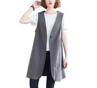 RWGSNB Womens Linen Waistcoat Sleeveless Long Jacket Suit Vest Summer V Neck Gilet Casual Duster Cardigan Button Blouse Double Pockets Blazer Vest Gray L