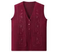 RWGSNB Womens Seaters Vest Middle-Aged and Elderly Sleeveless Knitted Cardigan Old Lady Sweater Vest Floral Embroidery Casual Grandma Wear Knitted Waistcoats Women's Warm Gilets Tank Tops Burgundy M