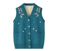 RWGSNB Womens Seaters Vest Thick Middle-Aged and Elderly Sleeveless Knitted Sweater Vest Old Lady Cardigan Fleece Lined Floral Pattern Grandma Wear Knitted Waistcoats Women's Warm Gilets Tops Blue X