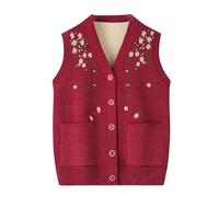 RWGSNB Womens Seaters Vest Thick Middle-Aged And Elderly Sleeveless Knitted Sweater Vest Old Lady Cardigan Fleece Lined Floral Pattern Grandma Wear Knitted Waistcoats Women'S Warm Gilets Tops Burgun