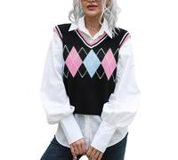 RWGSNB Womens Seaters Vest Women Cropped Sweater Vest Trendy Contrast Argyle Pattern Knit Sleeveless Jumpers Preppy Style Ladies Knit Waistcoats Casual Autumn Winter Knitwear Gilets Tank Tops Pink S