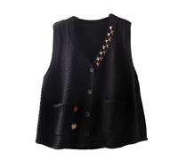 RWGSNB Womens Seaters Vest Women's Knitted Sleeveless Cardigan Casual Button Down Sweater Vest Chic Cable Knit Ladies Waistcoat Top Vintage Style Knitwear Gilets Tank Top with Pockets Black L