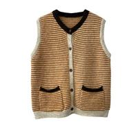 RWGSNB Womens Seaters Vest Women's Knitted Sleeveless Cardigan Vintage Striped Sweater Vest Chic Button Up Knitted Waistcoat Top Trendy Preppy Jumpers Casual Autumn Gilets Tank Top Yellow L