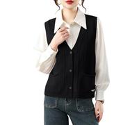 RWGSNB Womens Seaters Vest Women's Wool Sleeveless Cardigan Chic Stripes Knitted Waistcoat Layering Top Elegant Knitted Sweater Vest Office Wear Casual Open Front Jumper Knitwear Tank Top Black L