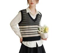 RWGSNB Women's Sleeveless Jumpers Womens Cropped Sweaters Vest Traditional Fair Isle Pattern Knitted Sleeveless Jumper V Neck Ladies Knitted Waistcoat Fall Winter Preppy Knitwear Pullover Tank Tops