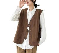 RWGSNB Women'S Sleeveless Waistcoat Retro Double Pockets Cargo Vest Summer Light Jacket Blazer Vest Casual Loose V Neck Suit Vest Buttons Blouse Gilet Brown L