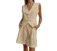 RWGSNB Womens Suits Formal 2 Piece Office Wear for Women Uk Waistcoat Vest Casual Shorts Womens Linen Waistcoat Set Button Down V-Neck Suit Vests Khaki M