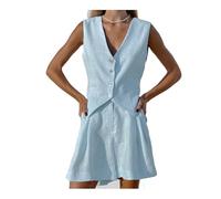 RWGSNB Womens Suits Formal 2 Piece Office Wear for Women Uk Waistcoat Vest Casual Shorts Womens Linen Waistcoat Set Button Down V-Neck Suit Vests Blue L