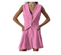 RWGSNB Womens Suits Formal 2 Piece Office Wear for Women Uk Waistcoat Vest Casual Shorts Womens Linen Waistcoat Set Button Down V-Neck Suit Vests Rose Red S
