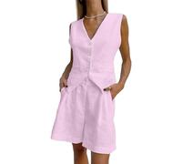 RWGSNB Womens Suits Formal 2 Piece Office Wear for Women Uk Waistcoat Vest Casual Shorts Womens Linen Waistcoat Set Button Down V-Neck Suit Vests Pink L