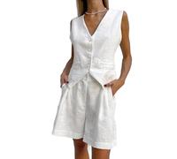 RWGSNB Womens Suits Formal 2 Piece Office Wear for Women Uk Waistcoat Vest Casual Shorts Womens Linen Waistcoat Set Button Down V-Neck Suit Vests White M