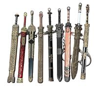 Rwigeboo 9PCS Mini Sword 4.7" Ancient Sword Keychain Zinc Alloy Key Chain Old Scabbard Decoration Pattern Keychain Uncut Blade Model for Men Women Mini