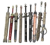 Rwigeboo 9PCS Mini Sword 4.7" Ancient Sword Keychain Zinc Alloy Key Chain Old Scabbard Decoration Pattern Keychain Uncut Blade Model for Men Women