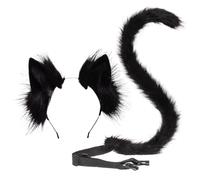 Rwigeboo Cat Ears and Tail, Furry Elastic Cat Ears Headband, Bendable Black Tail with Adjustable Belt for Cosplay Party Costume and