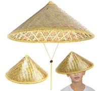 Rwigeboo Rice Hat, Chinese Oriental Conical Bamboo Hat with Adjustable Rope, 14 Inch Weave Rice Straw Tourism Rain Cap for Farmer Fishing, Light Yellow Bamboo