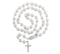 RWQIAN Rosary Beads Catholic Women Men White Rosary Bling Beads Necklace with Cross Pendant First Holy Communion Baptism Gift for Girls Boys
