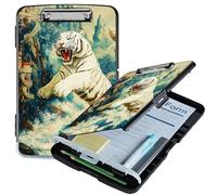 RWUTYTIUL A4 Clipboard with Storage Pen Holder, Clipboards Organizer Nursing Clipboard Foldable File Folder Plastic Clipboard Folio Clip Board for Office Work Classroom Doctor, Wave White Tiger