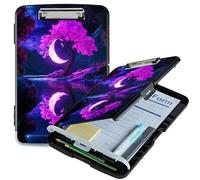RWUTYTIUL A4 Clipboard with Storage Pen Holder, Clipboards Organizer Nursing Clipboard Foldable File Folder Plastic Clipboard Folio Clip Board for Office Work Classroom Doctor, Purple Moon Tree