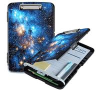 RWUTYTIUL A4 Clipboard with Storage Pen Holder, Clipboards Organizer Nursing Clipboard Foldable File Folder Plastic Clipboard Folio Clip Board for Office Work Classroom Doctor, Blue Galaxy