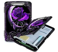 RWUTYTIUL A4 Clipboard with Storage Pen Holder, Clipboards Organizer Nursing Clipboard Foldable File Folder Plastic Clipboard Folio Clip Board for Office Work Classroom Doctor, Purple Moon Rose