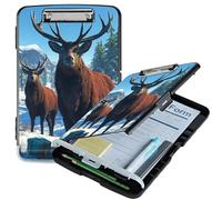 RWUTYTIUL A4 Clipboard with Storage Pen Holder, Clipboards Organizer Nursing Clipboard Foldable File Folder Plastic Clipboard Folio Clip Board for Office Work Classroom Doctor, Snow Mountain Deer