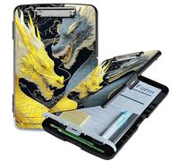RWUTYTIUL A4 Clipboard with Storage Pen Holder, Clipboards Organizer Nursing Clipboard Foldable File Folder Plastic Clipboard Folio Clip Board for Office Work Classroom Doctor, Gray-Yellow Dragon