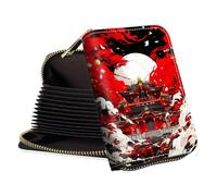 RWUTYTIUL Accordion Card Cases Holder with Zipper, Business CardHolder Organizer, Slim Leather RFID Wallet tarjetero Case for Credit Cards, ID Cards, Travel Accessories Women Men - Books, Red Wave