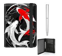 RWUTYTIUL Book Butterfly Passport Holder for Travel Women Men, Leather Passport and Vaccine Card Holder Combo Elastic Strap Cover Wallet RFID Blocking Passports Book Holders with Pen, Red White Fish