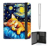 RWUTYTIUL Book Butterfly Passport Holder for Travel Women Men, Leather Passport and Vaccine Card Holder Combo Elastic Strap Cover Wallet RFID Blocking Passports Book Holders with Pen, Galaxy Orange