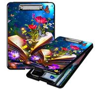 RWUTYTIUL Book Flower A4 Clipboard with Storage Pen Holder, Clipboards Organizer Nursing Clipboard Foldable File Folder Plastic Clipboard Folio Clip Board for Office Students Classroom Doctor