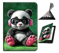 RWUTYTIUL Case Compatible with Kindle Scribe 10.2 Inch (2022/2024 Released), Slim PU Leather Smart Cover with Multi-Angle Anti-Slip Stand [Auto Wake/Sleep] Shell for Women Men, Pink Headphones Panda