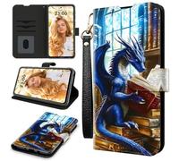 RWUTYTIUL Case for ZTE Nubia Red Magic 11 Pro 2025, RFID Blocking Wallet Cover with 3 Card Holders & Wrist Strap, Shockproof Kickstand Flip Case Personalized Patterns for Men/Women, Blue Book Dragon