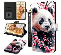 RWUTYTIUL Case for ZTE Nubia Red Magic 11 Pro 2025, RFID Blocking Wallet Cover with 3 Card Holders & Wrist Strap, Shockproof Kickstand Flip Case for Men/Women, Peach Blossom Panda
