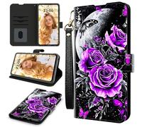 RWUTYTIUL Case for ZTE Nubia Red Magic 11 Pro 2025, RFID Blocking Wallet Cover with 3 Card Holders & Wrist Strap, Shockproof Kickstand Flip Case Personalized Patterns for Men/Women, Purple Rose Moon