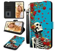 RWUTYTIUL Case for ZTE Nubia Red Magic 11 Pro 2025, RFID Blocking Wallet Cover with 3 Card Holders & Wrist Strap, Shockproof Kickstand Flip Case Personalized Patterns for Men/Women, Skull Rose Blue