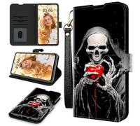 RWUTYTIUL Case for ZTE Nubia Red Magic 11 Pro 2025, RFID Blocking Wallet Cover with 3 Card Holders & Wrist Strap, Shockproof Kickstand Flip Case Personalized Patterns for Men/Women, Red Love Skull