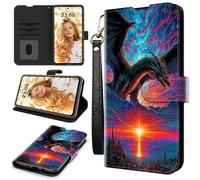 RWUTYTIUL Case for ZTE Nubia Red Magic 11 Pro 2025, RFID Blocking Wallet Cover with 3 Card Holders & Wrist Strap, Shockproof Kickstand Flip Case Personalized Patterns for Men/Women, Sunset Dragon