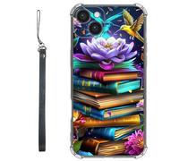 RWUTYTIUL Clear Case for iPhone 14 6.1" w/Lanyard, Transparent Anti-Scratch Soft TPU Flexible Shockproof Protective Women Men Phone Cover, Book Peony