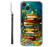 RWUTYTIUL Clear Case for iPhone 15 6.1" w/Lanyard, Transparent Anti-Scratch Soft TPU Flexible Shockproof Protective Women Men Phone Cover, Book Retro Flower