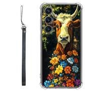 RWUTYTIUL Clear Case for Samsung Galaxy S25 FE 5G w/Lanyard, Transparent Anti-Scratch Soft TPU Flexible Shockproof Protective Women Men Phone Cover, Flower Book Cow