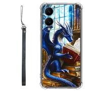 RWUTYTIUL Clear Case for Samsung Galaxy S26 Edge 5G w/Lanyard, Transparent Anti-Scratch Soft TPU Flexible Shockproof Protective Women Men Phone Cover, Blue Book Dragon