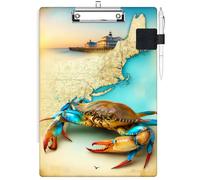 RWUTYTIUL Clipboard with Pen Loop Holder Set, Standard A4 Letter Size Low Profile Clip & Self-Adhesive Pen Holder for Notebooks Nurses Office Doctors Business Classrooms Women Men, Map Crab