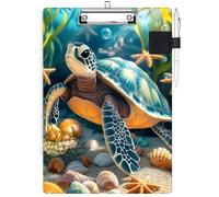 RWUTYTIUL Clipboard with Pen Loop Holder Set, Standard A4 Letter Size Low Profile Clip & Self-Adhesive Pen Holder for Notebooks Nurses Office Doctors Business Classrooms Women Men, Sea Turtle Seaweed