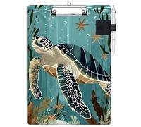RWUTYTIUL Clipboard with Pen Loop Holder Set, Standard A4 Letter Size Low Profile Clip & Self-Adhesive Pen Holder for Notebooks Nurses Office Doctors Business Classrooms Women Men, Retro Turtle Ocean