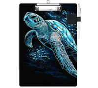 RWUTYTIUL Clipboard with Pen Loop Holder Set, Standard A4 Letter Size Low Profile Clip & Self-Adhesive Pen Holder for Notebooks Nurses Office Doctors Business Classrooms Women Men, Blue Black Turtle